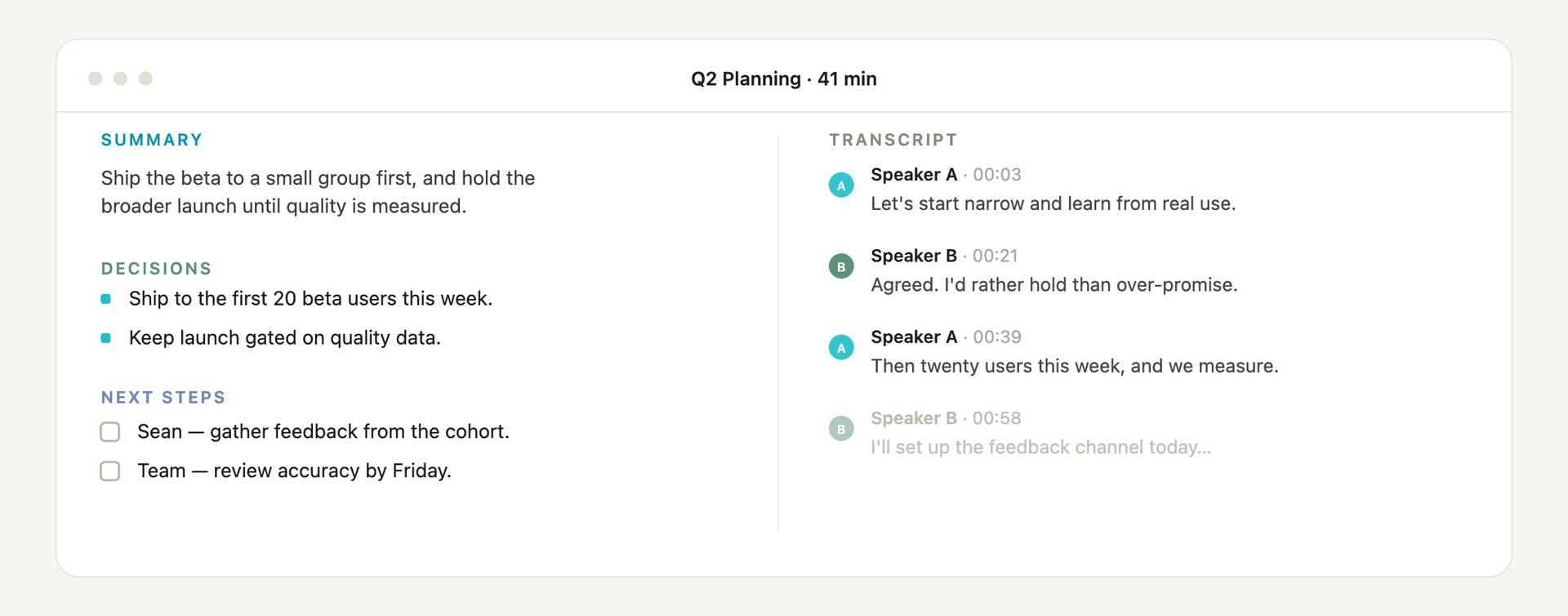 A Docknote note: a short summary on the left, a speaker-tagged transcript on the right.